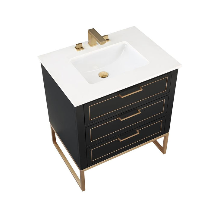 Bemma, Markham 30" Single Vanity, Midnight Black/Satin Brass, White Quartz Top#top-options_white-quartz-top