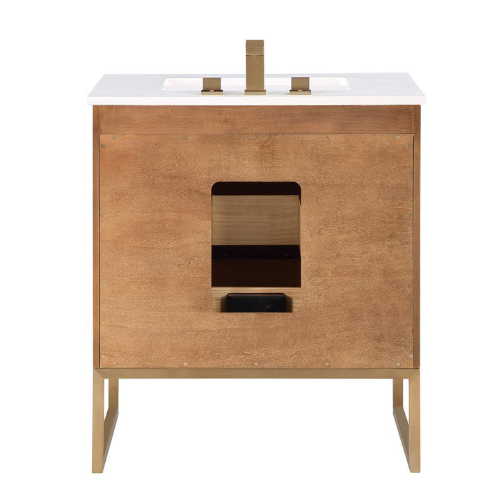 Bemma, Markham 30" Single Vanity, Walnut/Satin Brass, White Quartz Top#top-options_white-quartz-top