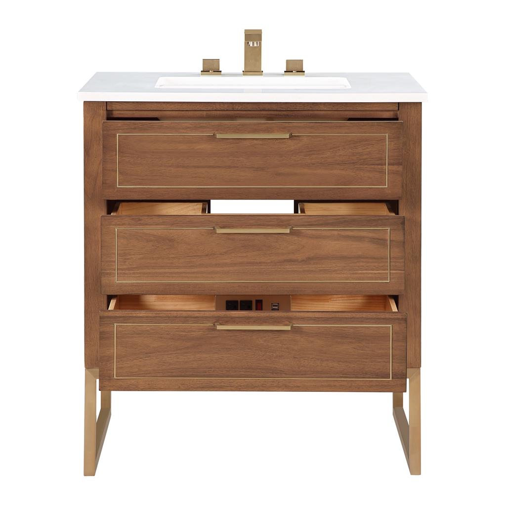 Bemma, Markham 30" Single Vanity, Walnut/Satin Brass, White Quartz Top#top-options_white-quartz-top