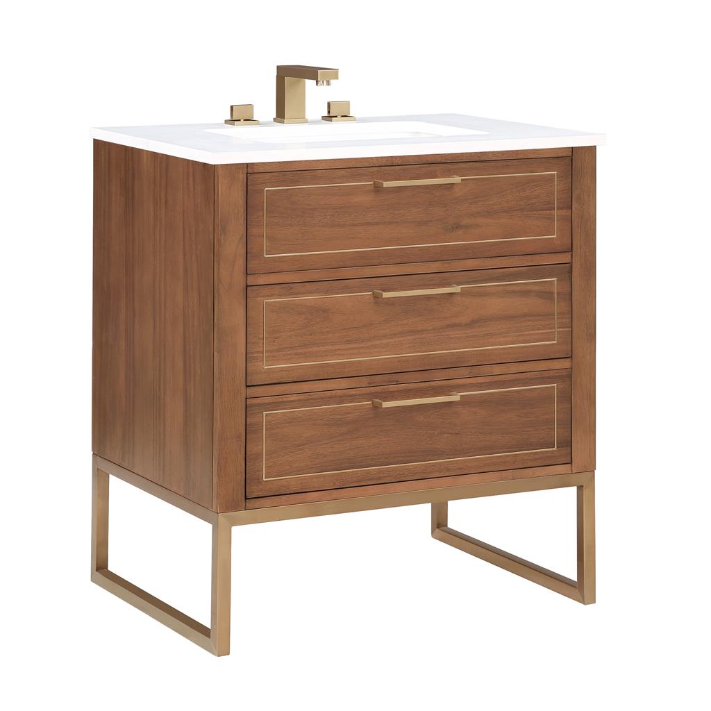 Bemma, Markham 30" Single Vanity, Walnut/Satin Brass, White Quartz Top#top-options_white-quartz-top
