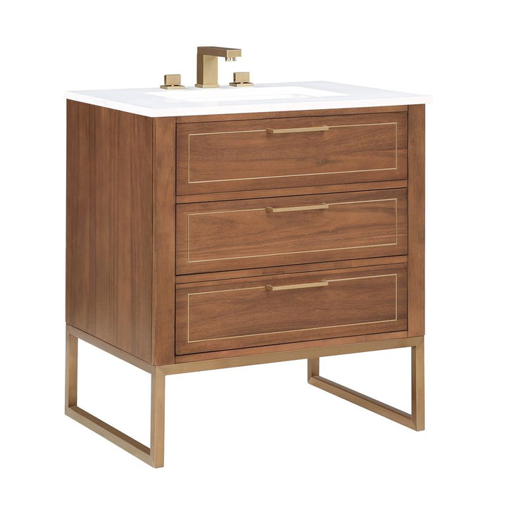 Bemma, Markham 30" Single Vanity, Walnut/Satin Brass, White Quartz Top#top-options_white-quartz-top