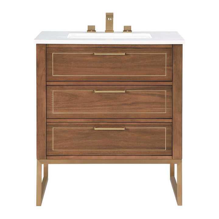 Bemma, Markham 30" Single Vanity, Walnut/Satin Brass, White Quartz Top#top-options_white-quartz-top