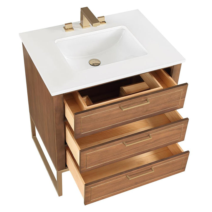 Bemma, Markham 30" Single Vanity, Walnut/Satin Brass, White Quartz Top#top-options_white-quartz-top