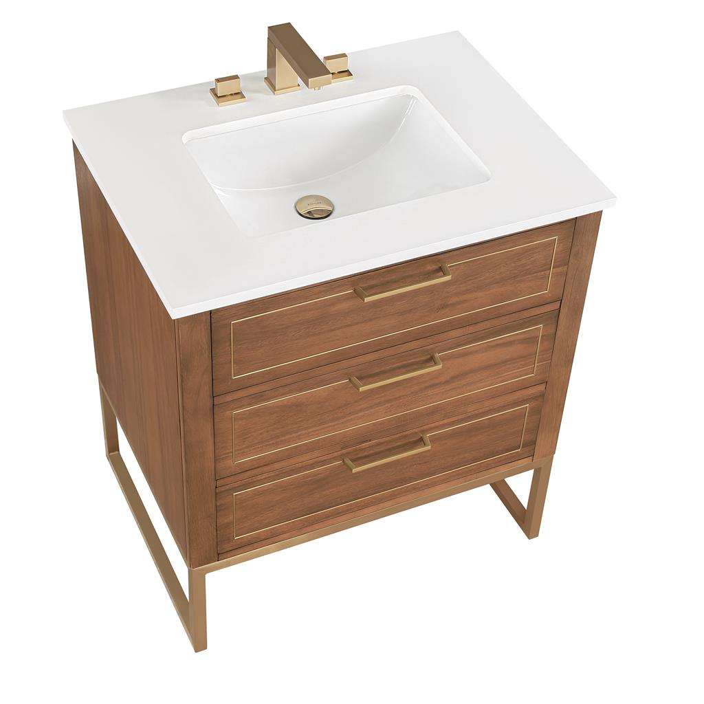 Bemma, Markham 30" Single Vanity, Walnut/Satin Brass, White Quartz Top#top-options_white-quartz-top