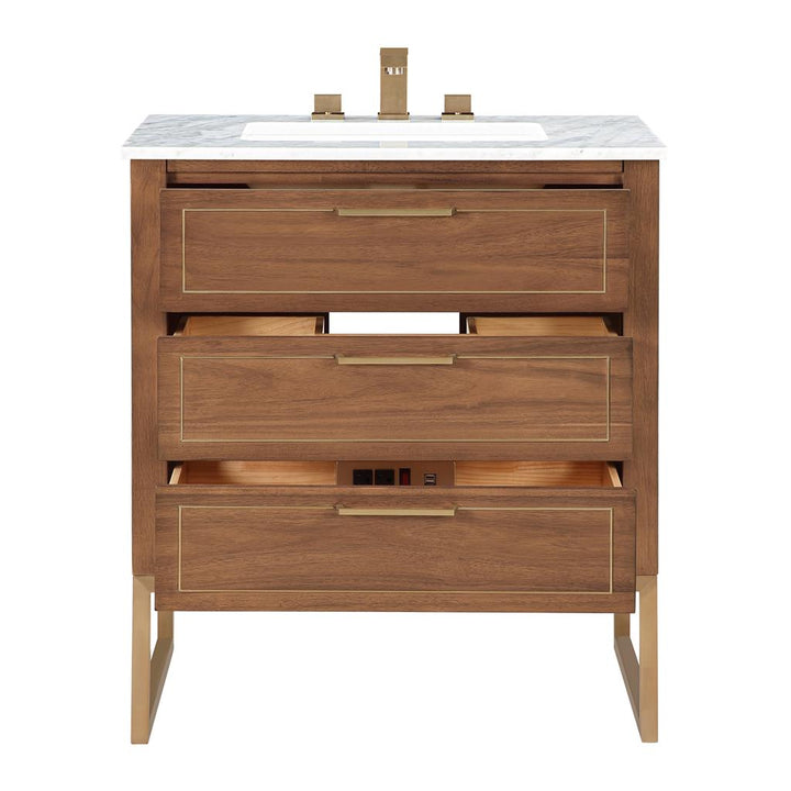 Bemma, Markham 30" Single Vanity, Walnut/Satin Brass, Carrara Marble Top#top-options_carrara-marble-top