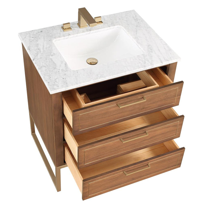 Bemma, Markham 30" Single Vanity, Walnut/Satin Brass, Carrara Marble Top#top-options_carrara-marble-top