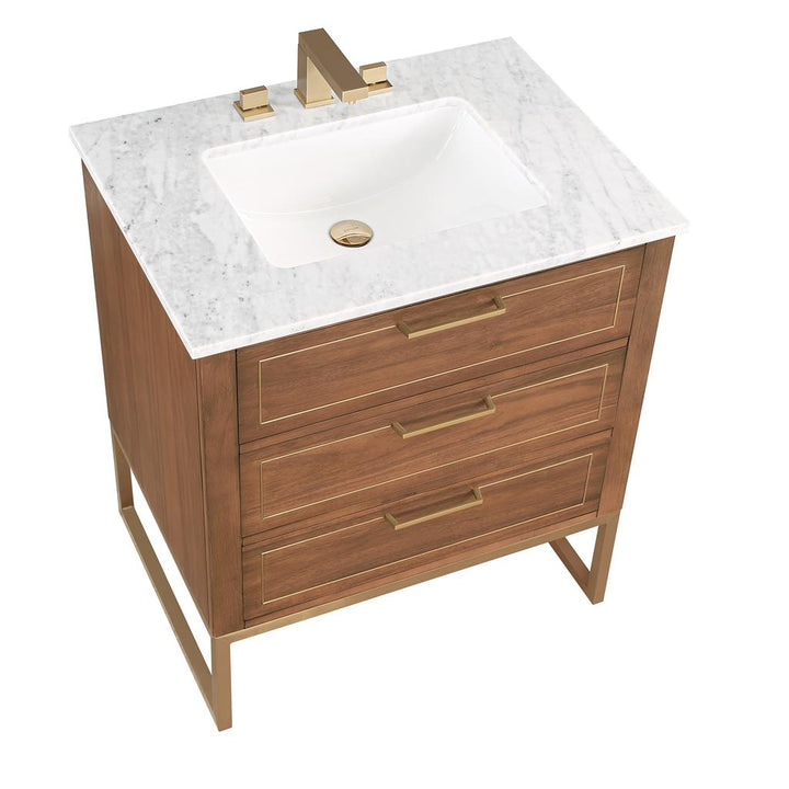 Bemma, Markham 30" Single Vanity, Walnut/Satin Brass, Carrara Marble Top#top-options_carrara-marble-top