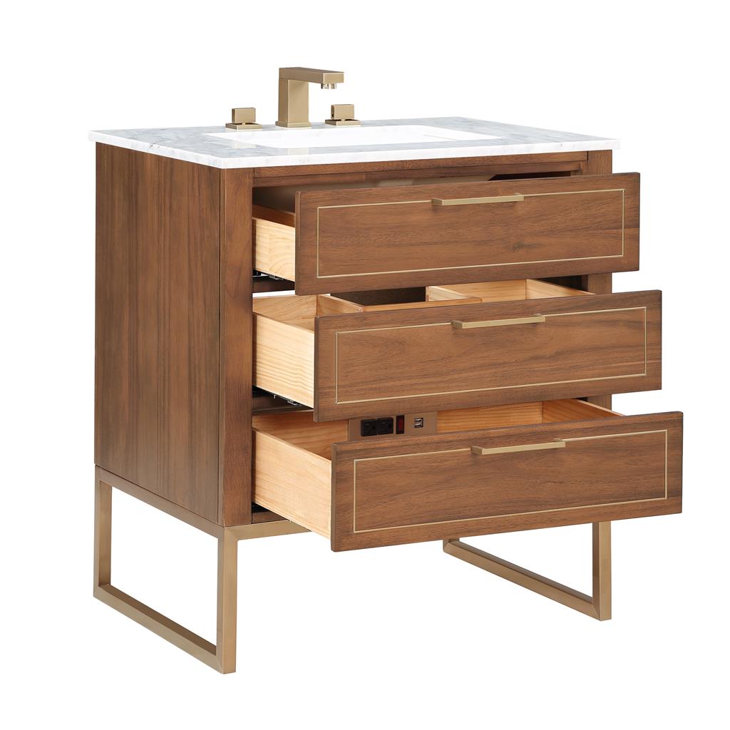 Bemma, Markham 30" Single Vanity, Walnut/Satin Brass, Carrara Marble Top#top-options_carrara-marble-top