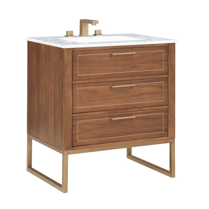 Bemma, Markham 30" Single Vanity, Walnut/Satin Brass, Carrara Marble Top#top-options_carrara-marble-top