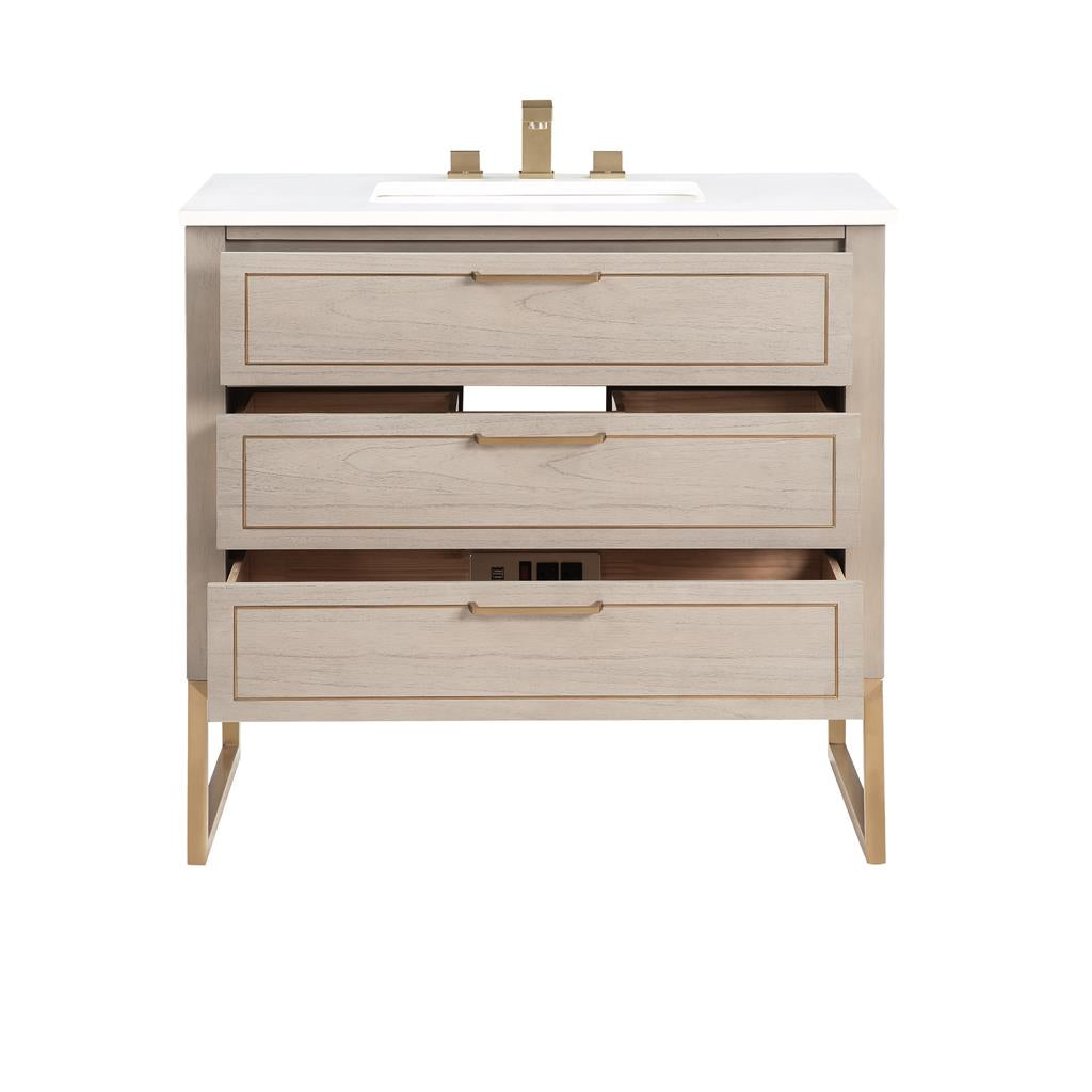 Bemma, Markham 36" Single Vanity, Cashmere Grey/Satin Brass, White Quartz Top#top-options_white-quartz-top