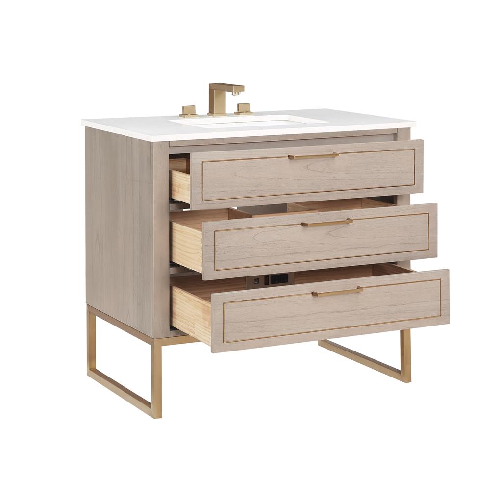 Bemma, Markham 36" Single Vanity, Cashmere Grey/Satin Brass, White Quartz Top#top-options_white-quartz-top