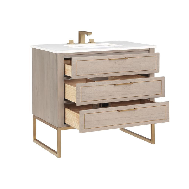Bemma, Markham 36" Single Vanity, Cashmere Grey/Satin Brass, White Quartz Top#top-options_white-quartz-top