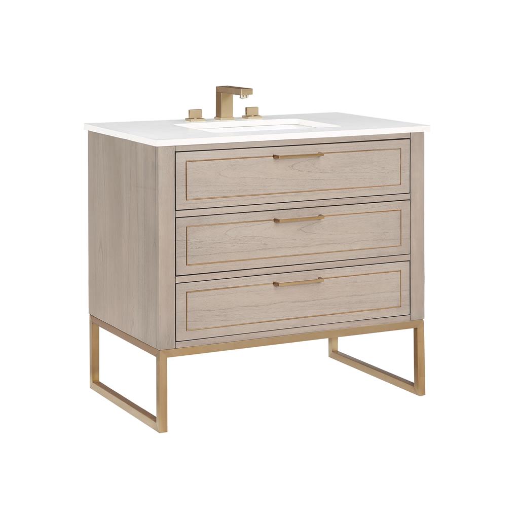 Bemma, Markham 36" Single Vanity, Cashmere Grey/Satin Brass, White Quartz Top#top-options_white-quartz-top