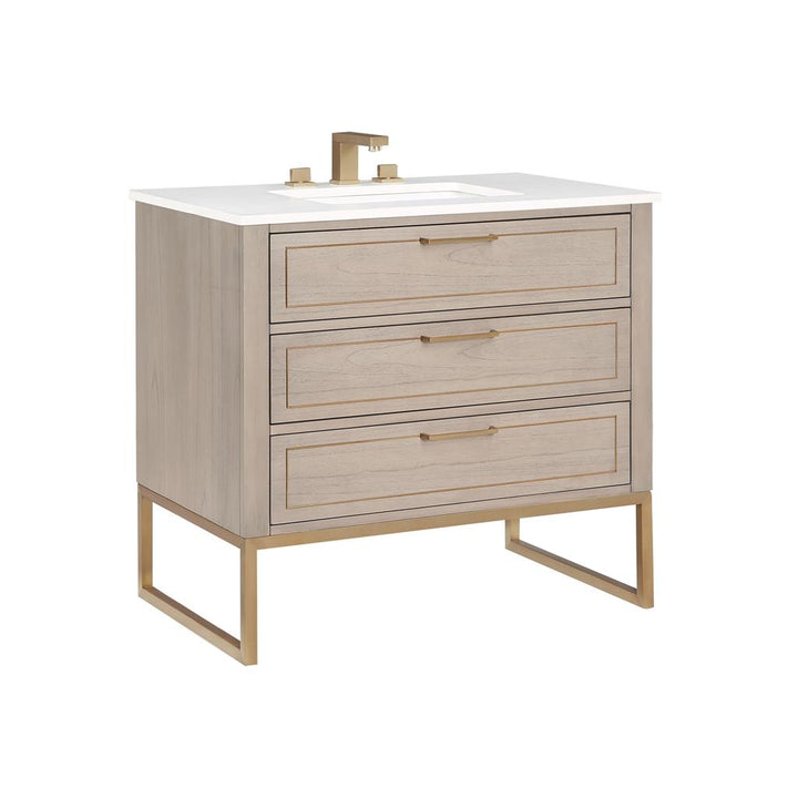 Bemma, Markham 36" Single Vanity, Cashmere Grey/Satin Brass, White Quartz Top#top-options_white-quartz-top