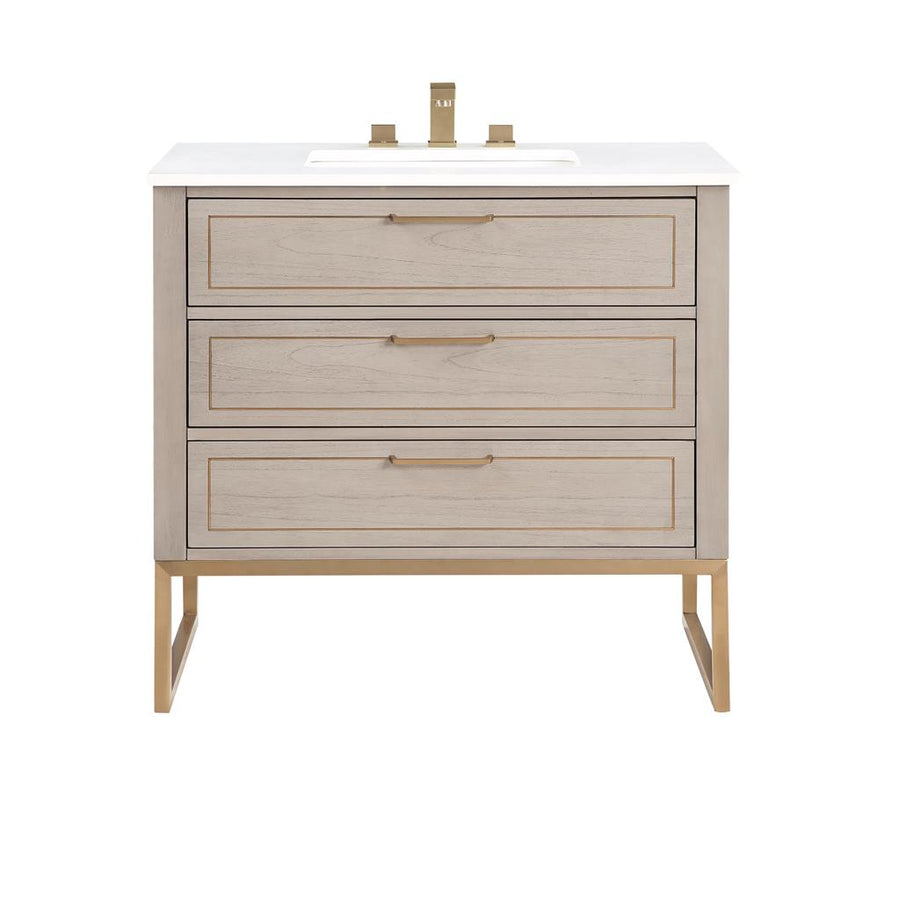Bemma, Markham 36" Single Vanity, Cashmere Grey/Satin Brass, White Quartz Top#top-options_white-quartz-top