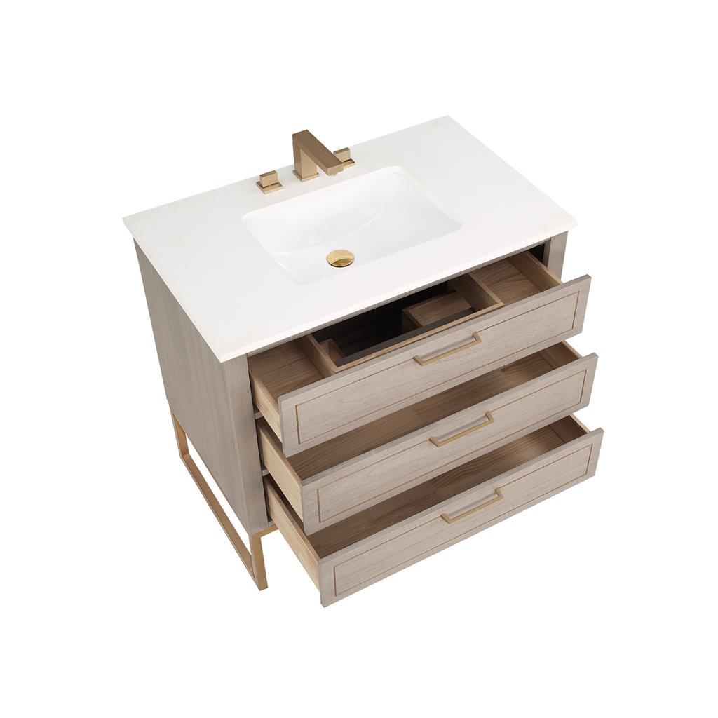 Bemma, Markham 36" Single Vanity, Cashmere Grey/Satin Brass, White Quartz Top#top-options_white-quartz-top