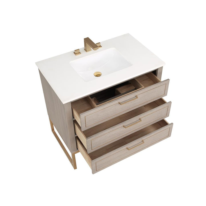 Bemma, Markham 36" Single Vanity, Cashmere Grey/Satin Brass, White Quartz Top#top-options_white-quartz-top