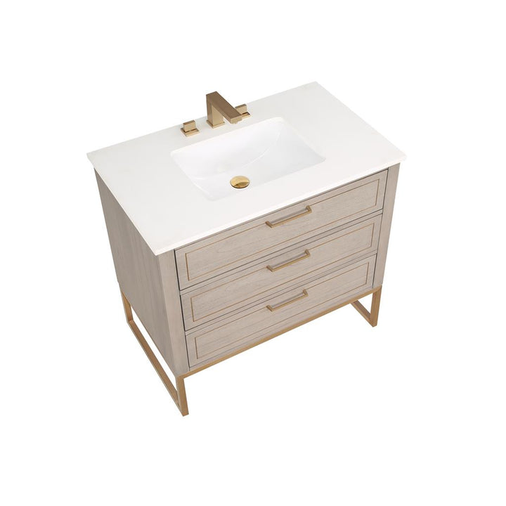Bemma, Markham 36" Single Vanity, Cashmere Grey/Satin Brass, White Quartz Top#top-options_white-quartz-top