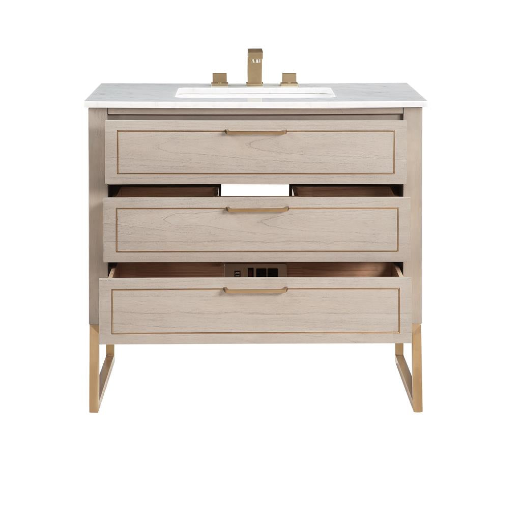 Bemma, Markham 36" Single Vanity, Cashmere Grey/Satin Brass, Carrara Marble Top#top-options_carrara-marble-top