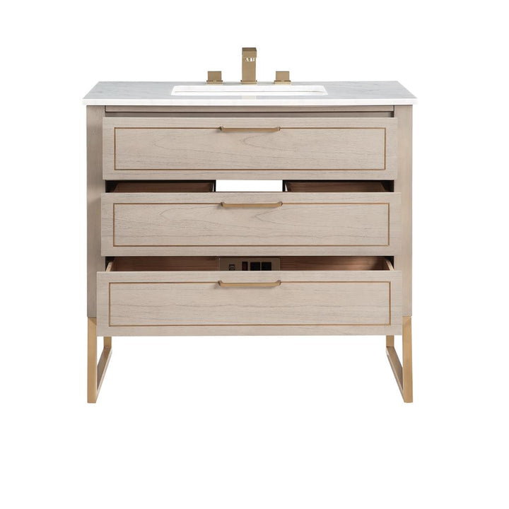 Bemma, Markham 36" Single Vanity, Cashmere Grey/Satin Brass, Carrara Marble Top#top-options_carrara-marble-top