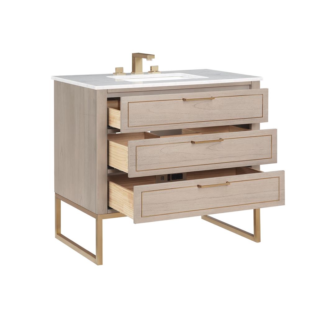 Bemma, Markham 36" Single Vanity, Cashmere Grey/Satin Brass, Carrara Marble Top#top-options_carrara-marble-top