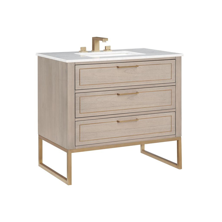 Bemma, Markham 36" Single Vanity, Cashmere Grey/Satin Brass, Carrara Marble Top#top-options_carrara-marble-top