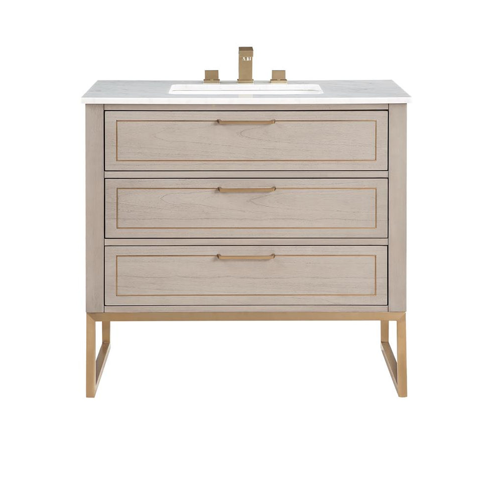 Bemma, Markham 36" Single Vanity, Cashmere Grey/Satin Brass, Carrara Marble Top#top-options_carrara-marble-top