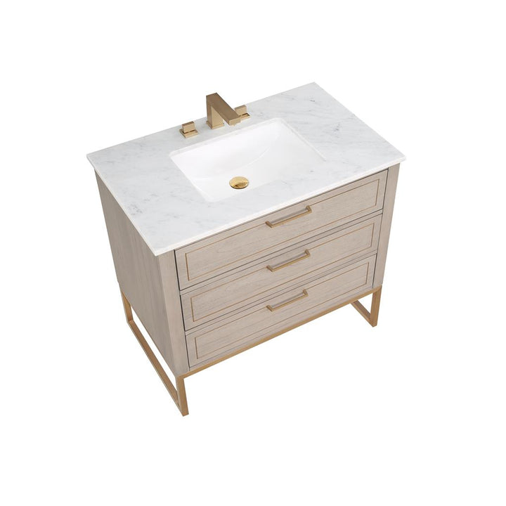 Bemma, Markham 36" Single Vanity, Cashmere Grey/Satin Brass, Carrara Marble Top#top-options_carrara-marble-top