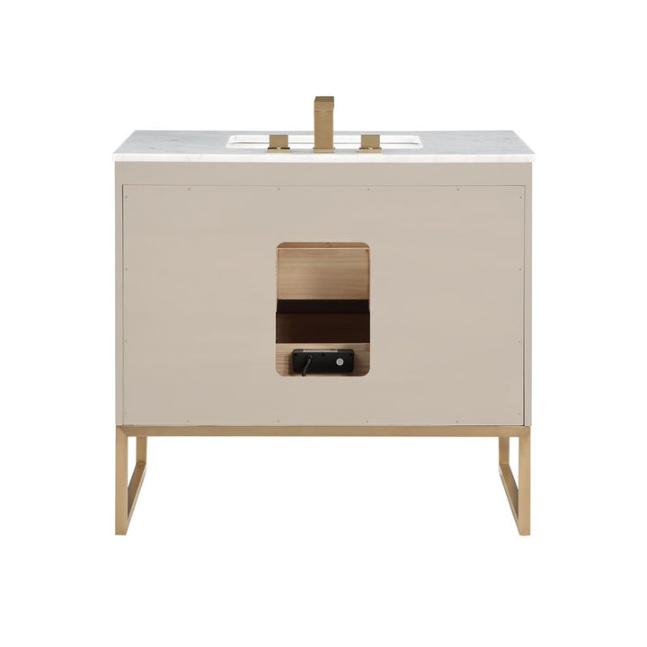 Bemma, Markham 36" Single Vanity, Cashmere Grey/Satin Brass, Carrara Marble Top#top-options_carrara-marble-top