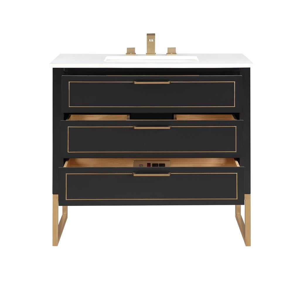 Bemma, Markham 36" Single Vanity, Midnight Black/Satin Brass, White Quartz Top#top-options_white-quartz-top