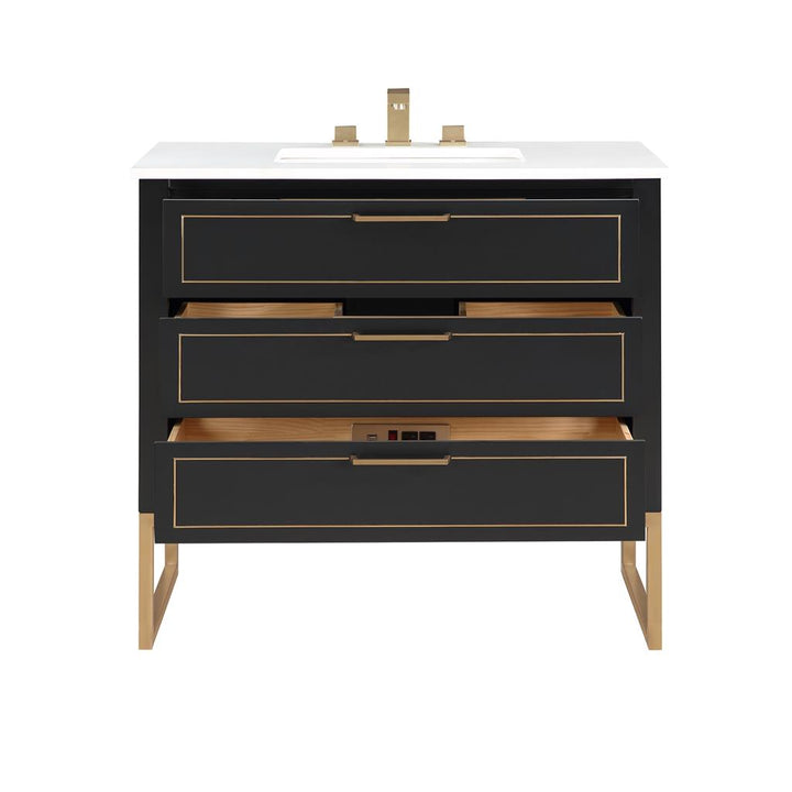 Bemma, Markham 36" Single Vanity, Midnight Black/Satin Brass, White Quartz Top#top-options_white-quartz-top