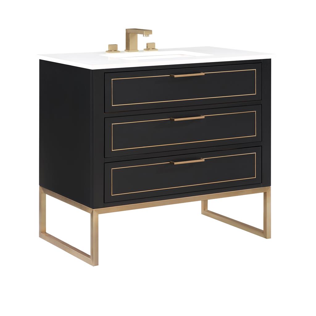 Bemma, Markham 36" Single Vanity, Midnight Black/Satin Brass, White Quartz Top#top-options_white-quartz-top