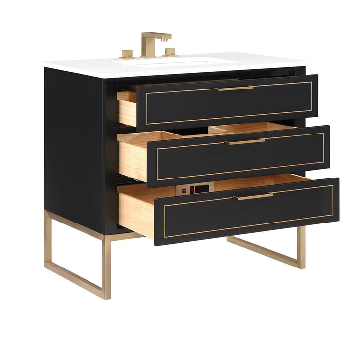 Bemma, Markham 36" Single Vanity, Midnight Black/Satin Brass, White Quartz Top#top-options_white-quartz-top