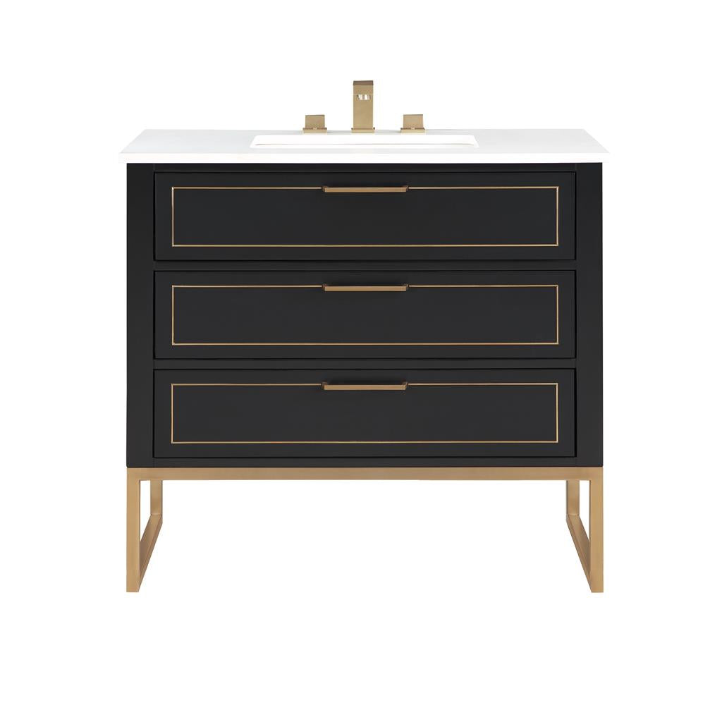 Bemma, Markham 36" Single Vanity, Midnight Black/Satin Brass, White Quartz Top#top-options_white-quartz-top