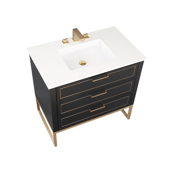 Bemma, Markham 36" Single Vanity, Midnight Black/Satin Brass, White Quartz Top#top-options_white-quartz-top