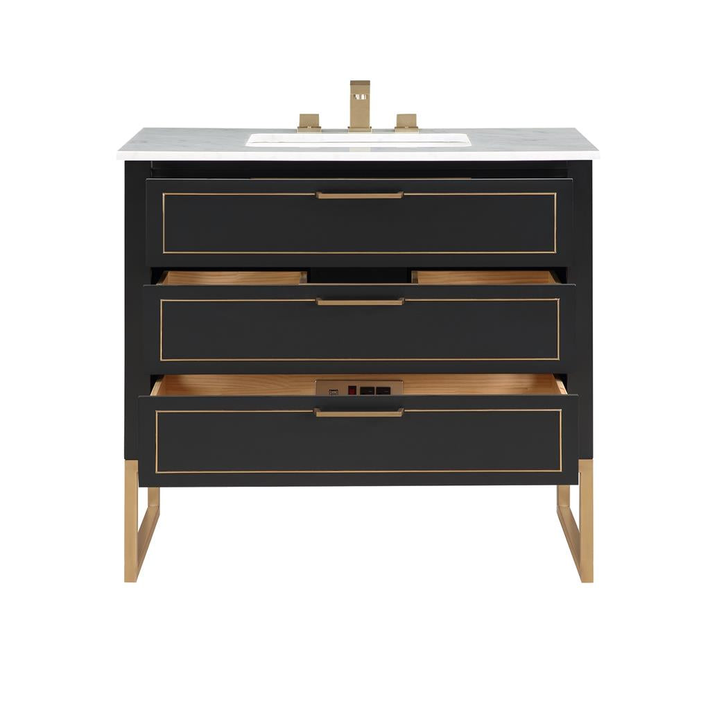 Bemma, Markham 36" Single Vanity, Midnight Black/Satin Brass,Carrara Marble Top#top-options_carrara-marble-top