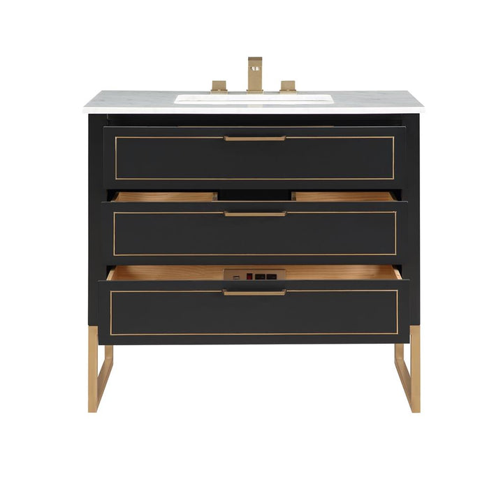 Bemma, Markham 36" Single Vanity, Midnight Black/Satin Brass,Carrara Marble Top#top-options_carrara-marble-top