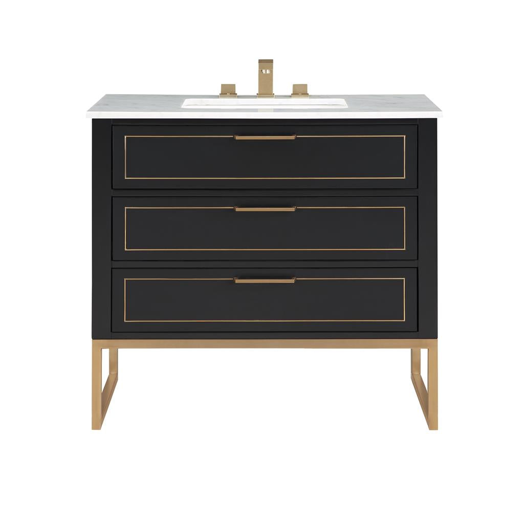 Bemma, Markham 36" Single Vanity, Midnight Black/Satin Brass,Carrara Marble Top#top-options_carrara-marble-top