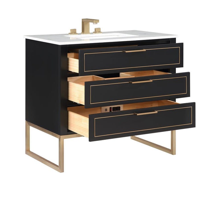 Bemma, Markham 36" Single Vanity, Midnight Black/Satin Brass,Carrara Marble Top#top-options_carrara-marble-top