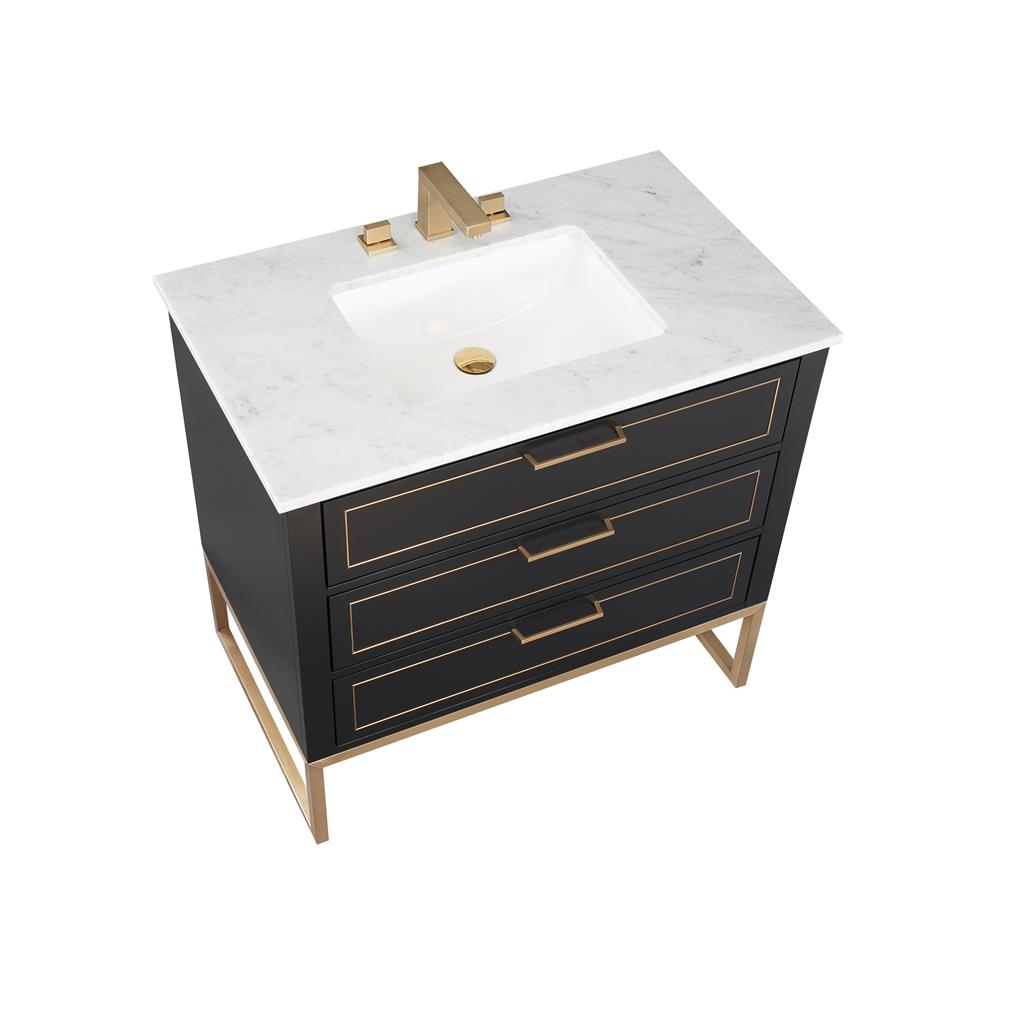 Bemma, Markham 36" Single Vanity, Midnight Black/Satin Brass,Carrara Marble Top#top-options_carrara-marble-top
