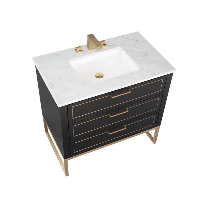 Bemma, Markham 36" Single Vanity, Midnight Black/Satin Brass,Carrara Marble Top#top-options_carrara-marble-top