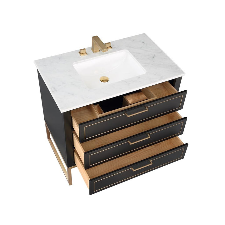 Bemma, Markham 36" Single Vanity, Midnight Black/Satin Brass,Carrara Marble Top#top-options_carrara-marble-top