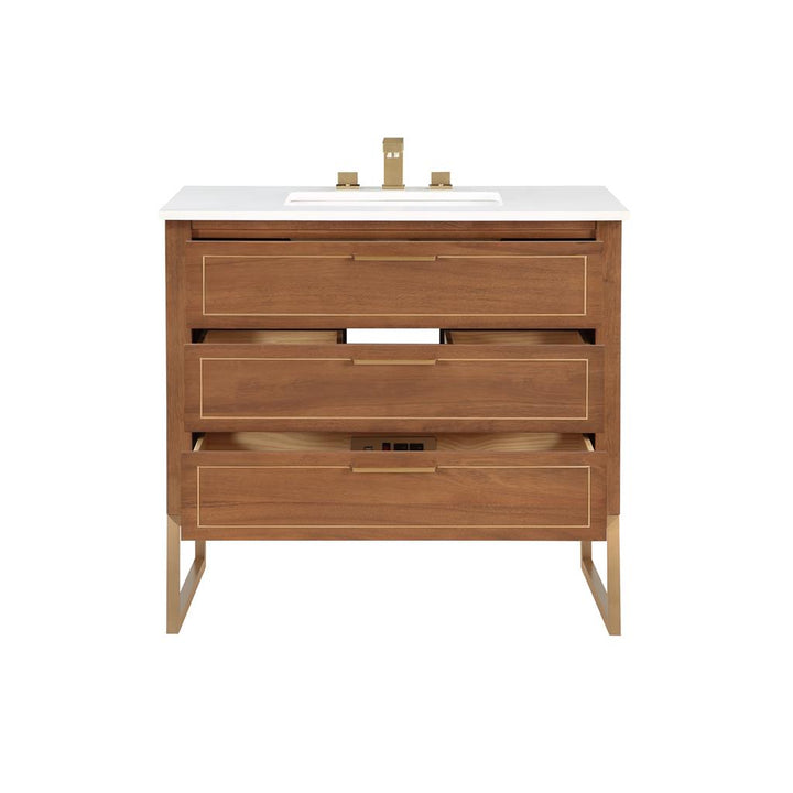 Bemma, Markham 36" Single Vanity, Walnut/Satin Brass, White Quartz Top#top-options_white-quartz-top