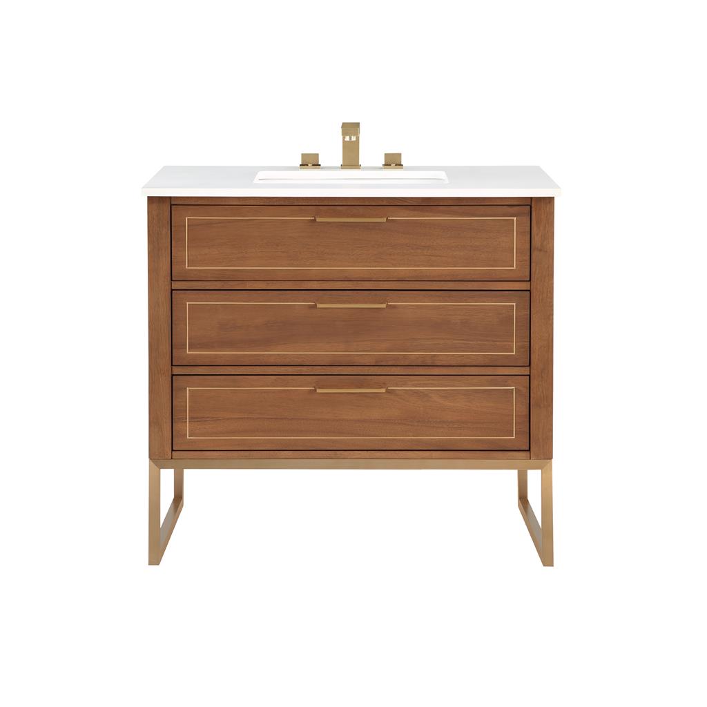 Bemma, Markham 36" Single Vanity, Walnut/Satin Brass, White Quartz Top#top-options_white-quartz-top