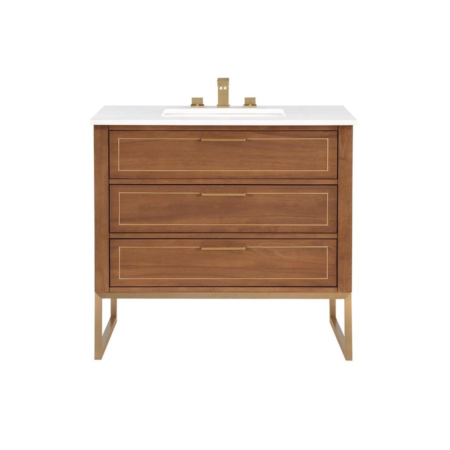 Bemma, Markham 36" Single Vanity, Walnut/Satin Brass, White Quartz Top#top-options_white-quartz-top