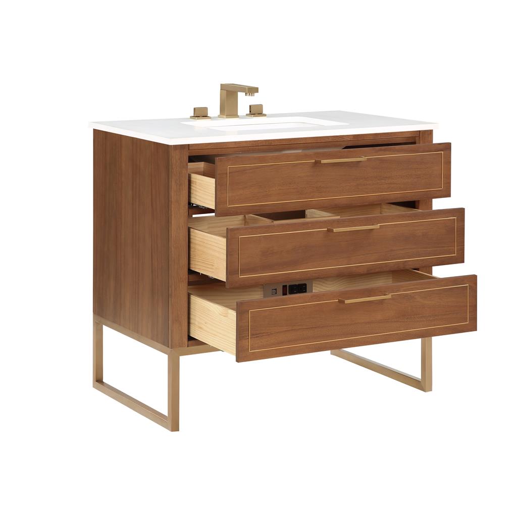 Bemma, Markham 36" Single Vanity, Walnut/Satin Brass, White Quartz Top#top-options_white-quartz-top