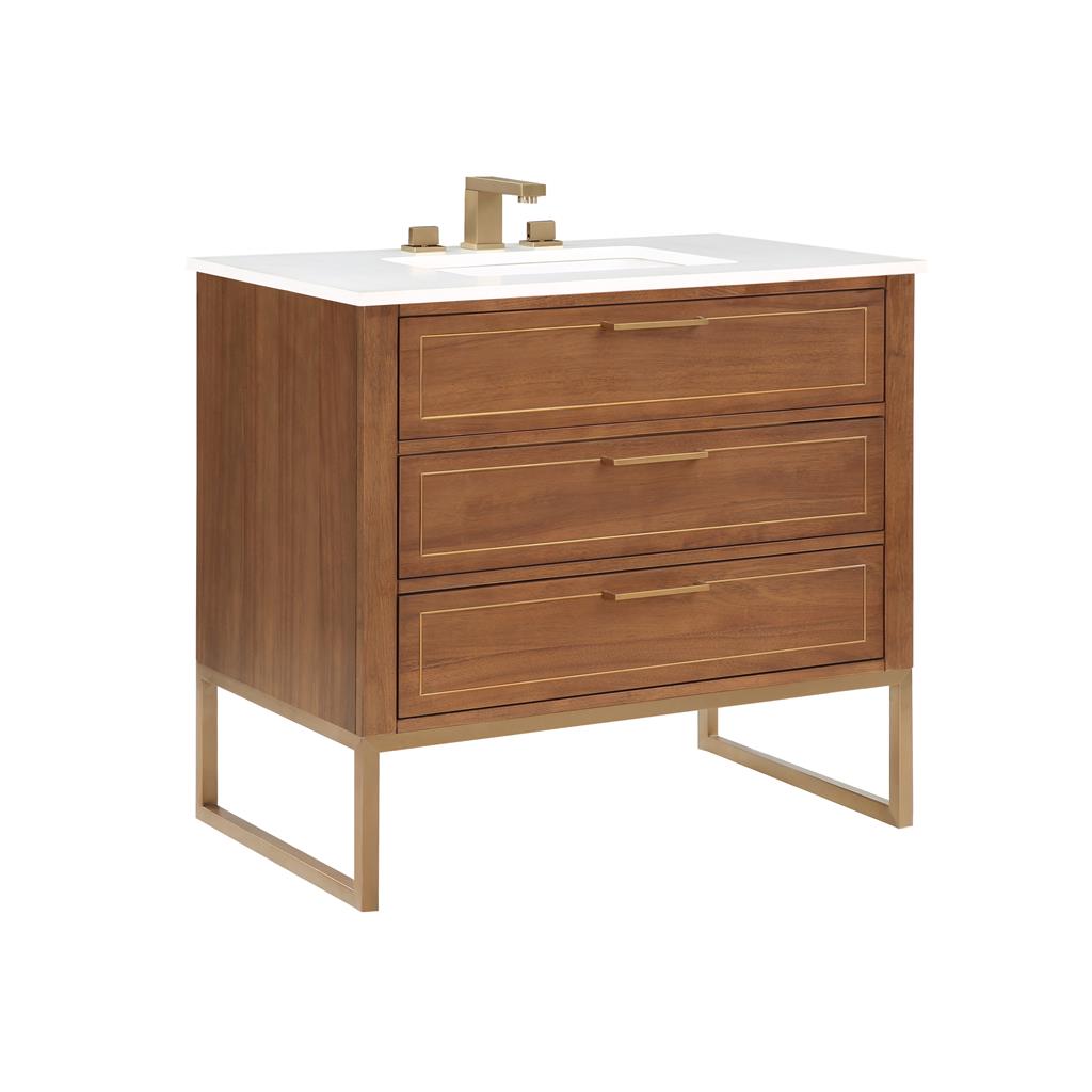 Bemma, Markham 36" Single Vanity, Walnut/Satin Brass, White Quartz Top#top-options_white-quartz-top