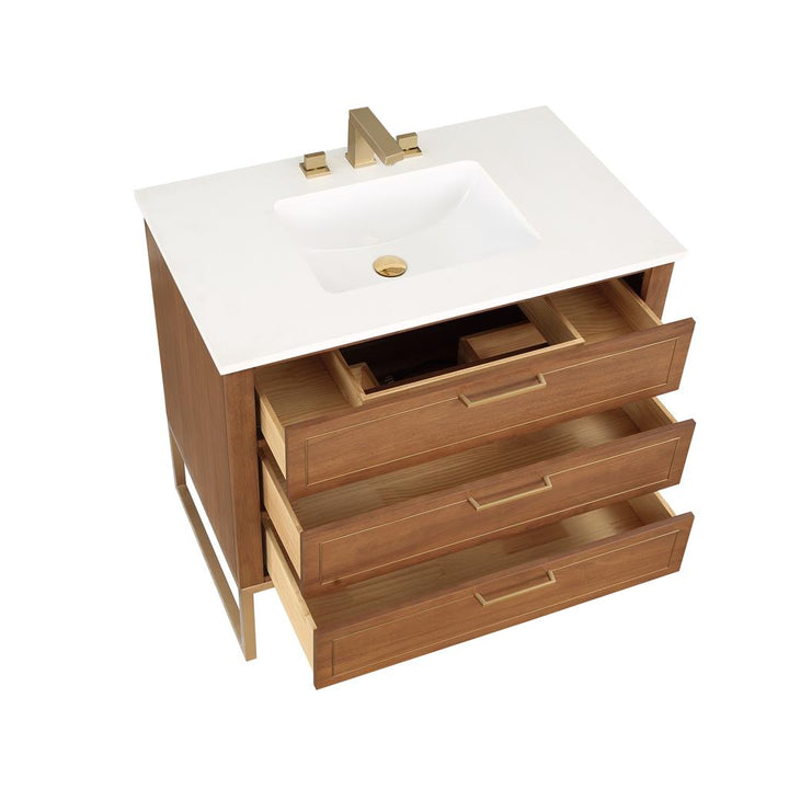 Bemma, Markham 36" Single Vanity, Walnut/Satin Brass, White Quartz Top#top-options_white-quartz-top