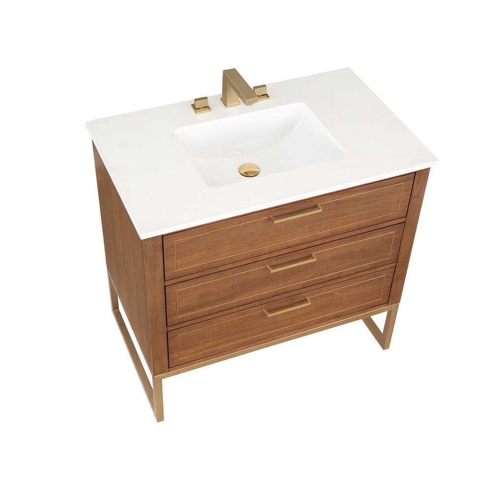 Bemma, Markham 36" Single Vanity, Walnut/Satin Brass, White Quartz Top#top-options_white-quartz-top