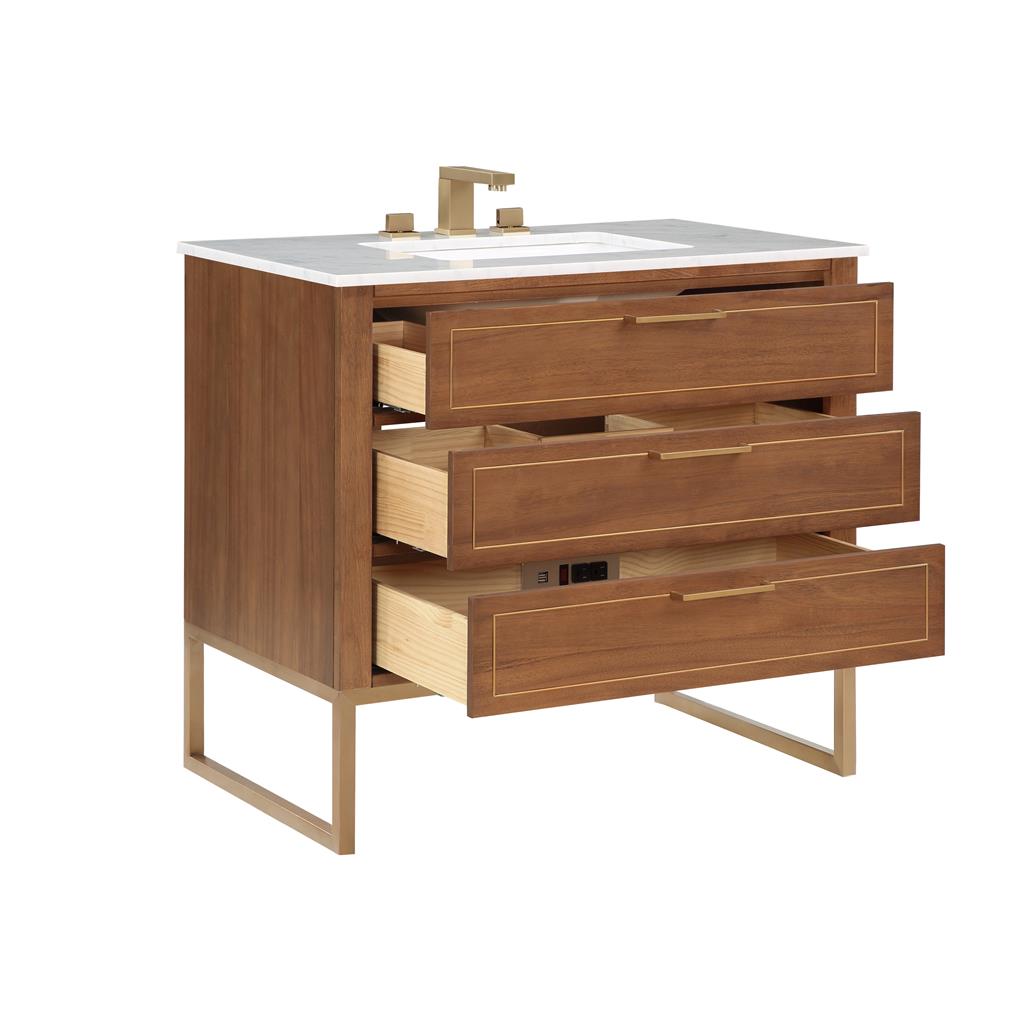 Bemma, Markham 36" Single Vanity, Walnut/Satin Brass, Carrara Marble Top#top-options_carrara-marble-top